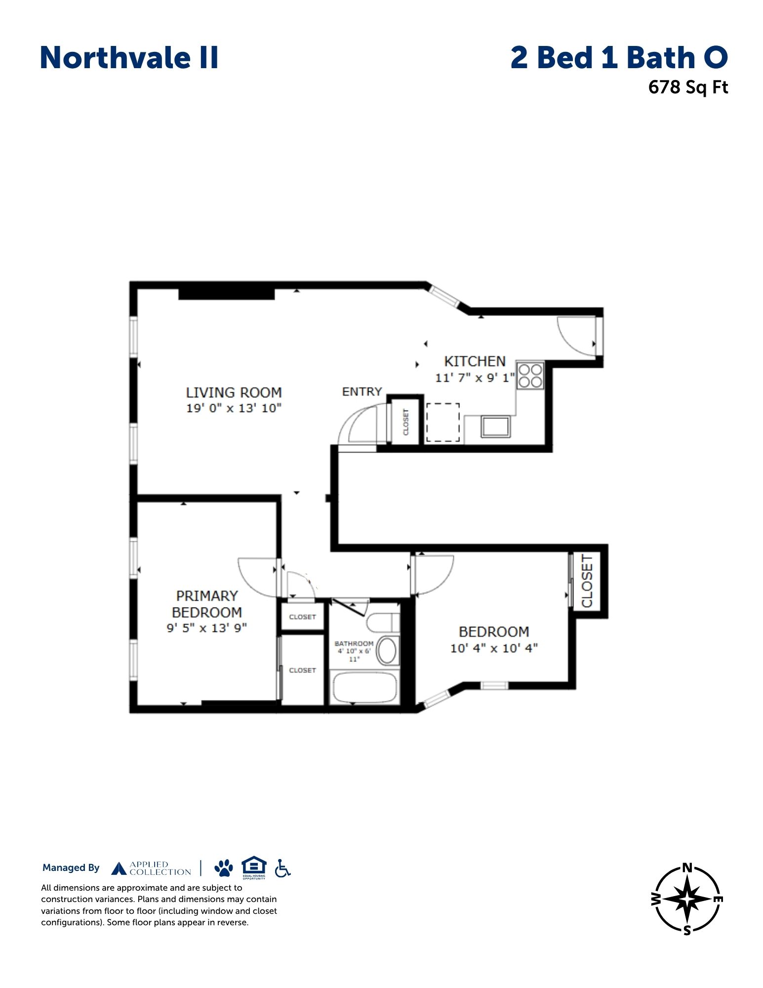 Floor plan for 2 beds, 1 bath, 678 sqft